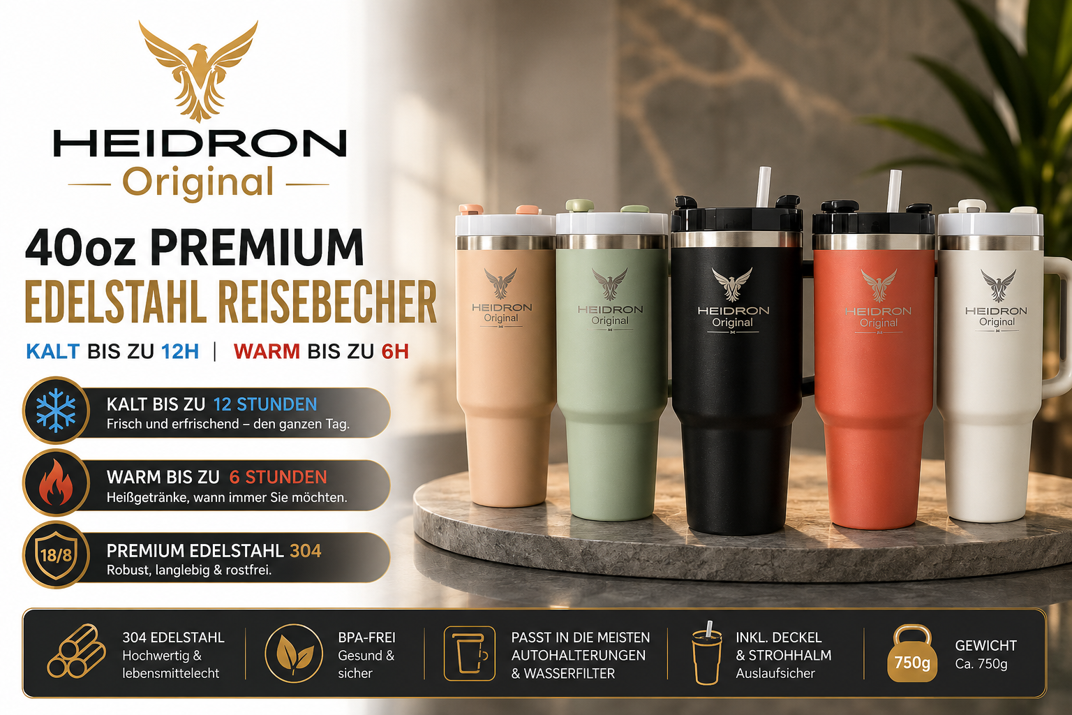 HEIDRON 1.18 L Thermal Mug – Stainless Steel with Lid & Straw